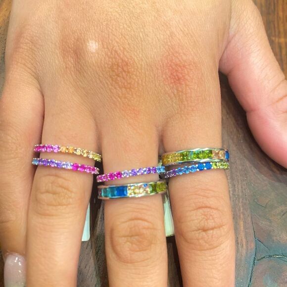 JEN HANSEN STERLING SILVER CUBIC ZIRCONIA RAINBO CHANEL RING MULTICOLOR RAINBOW - Picture 5 of 9